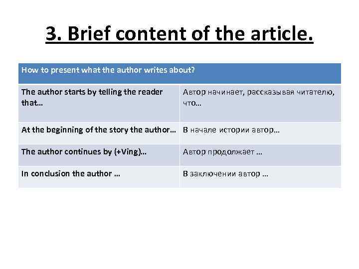 3. Brief content of the article. How to present what the author writes about?