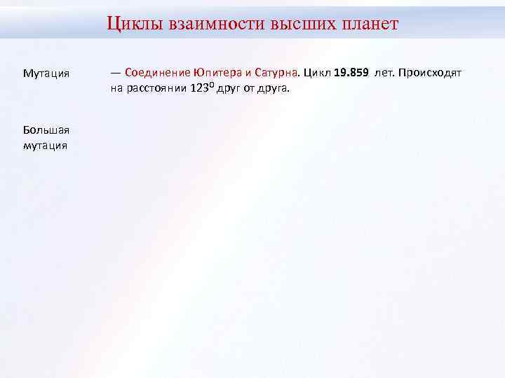 Циклы взаимности высших планет Мутация Большая мутация — Соединение Юпитера и Сатурна. Цикл 19.