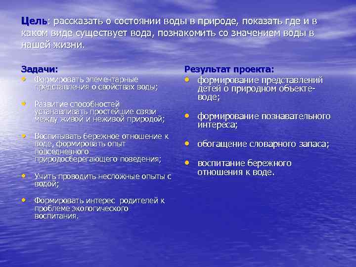 Цель: рассказать о состоянии воды в природе, показать где и в каком виде существует