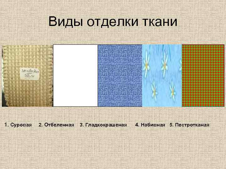 Виды отделки ткани 1. Суровая 2. Отбеленная 3. Гладкокрашеная 4. Набивная 5. Пестротканая 