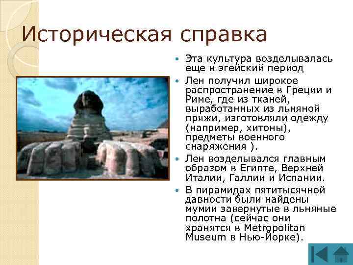 Историческая справка Эта культура возделывалась еще в эгейский период Лен получил широкое распространение в