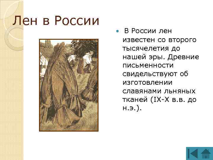 Лен в России В России лен известен со второго тысячелетия до нашей эры. Древние