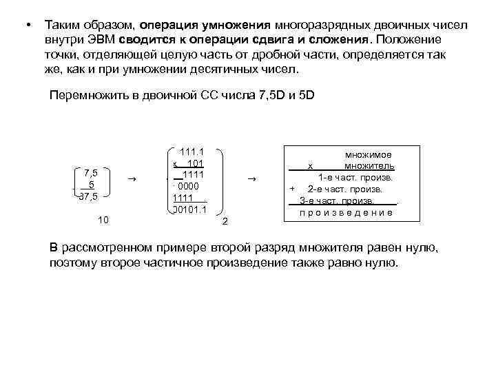  • Таким образом, операция умножения многоразрядных двоичных чисел внутри ЭВМ сводится к операции