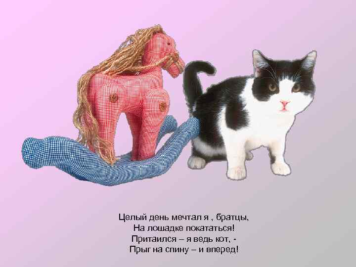 Целый день мечтал я , братцы, На лошадке покататься! Притаился – я ведь кот,