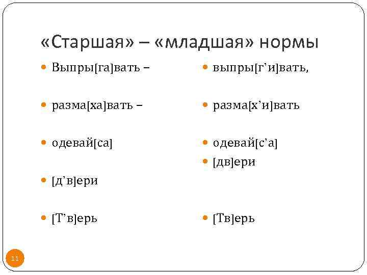  «Старшая» – «младшая» нормы Выпры[га]вать – выпры[г’и]вать, разма[ха]вать – разма[х’и]вать одевай[са] одевай[с’а] [дв]ери