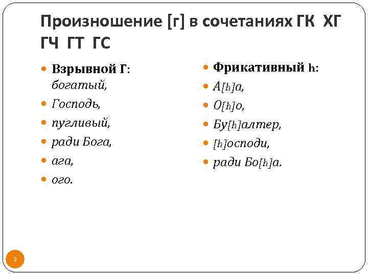 Произношение [г] в сочетаниях ГК ХГ ГЧ ГТ ГС Взрывной Г: 9 богатый, Господь,