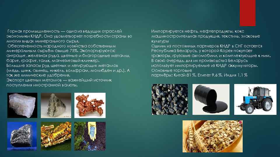 Горная промышленность — одна из ведущих отраслей экономики КНДР. Она удовлетворяет потребности страны во