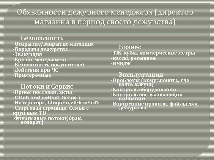 Обязанности дежурного менеджера (директор магазина в период своего дежурства) • Безопасность -Открытие/закрытие магазина -Передача