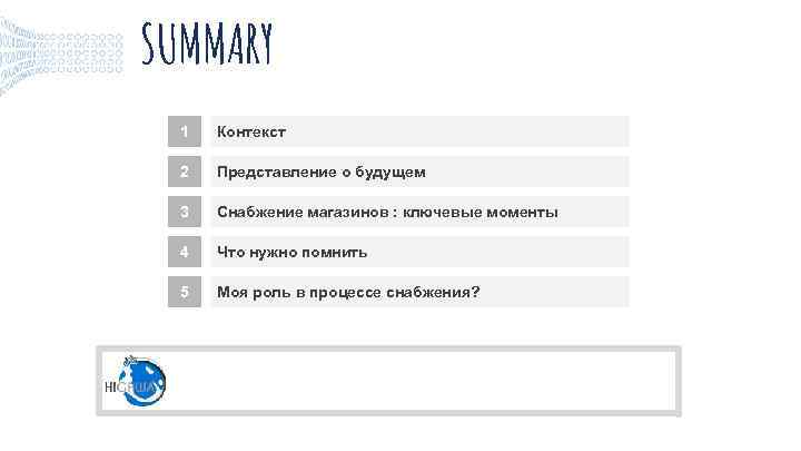 SUMMARY 1 Контекст 2 Представление о будущем 3 Снабжение магазинов : ключевые моменты 4