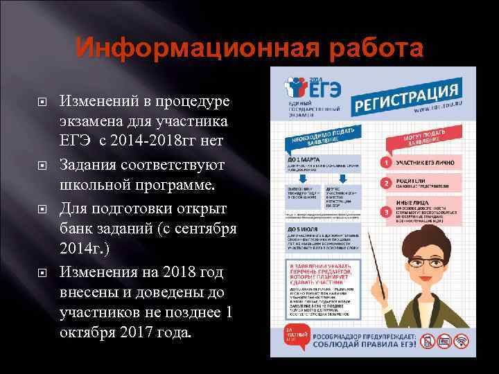 Информационная работа Изменений в процедуре экзамена для участника ЕГЭ с 2014 -2018 гг нет