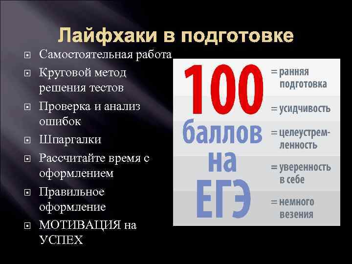 Лайфхаки в подготовке Самостоятельная работа Круговой метод решения тестов Проверка и анализ ошибок Шпаргалки