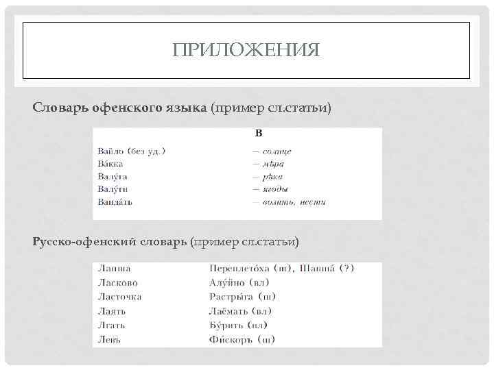 ПРИЛОЖЕНИЯ Словарь офенского языка (пример сл. статьи) Русско-офенский словарь (пример сл. статьи) 