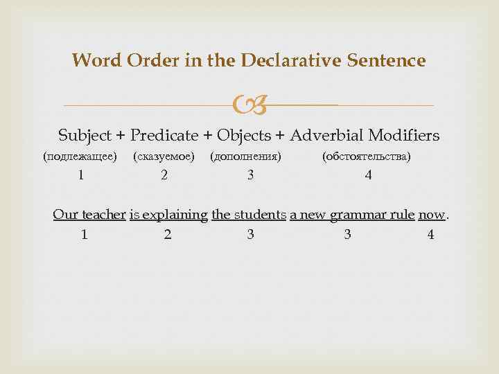 Word Order in the Declarative Sentence Subject + Predicate + Objects + Adverbial Modifiers