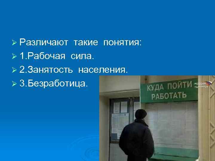 Ø Различают такие понятия: Ø 1. Рабочая сила. Ø 2. Занятость населения. Ø 3.