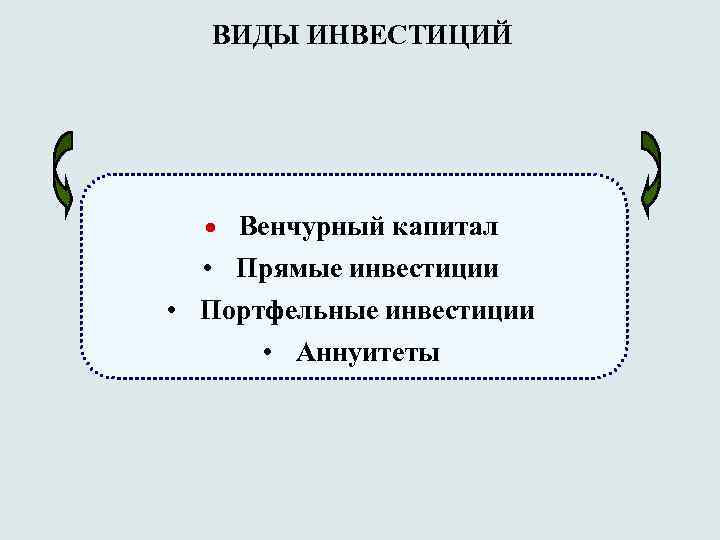 ВИДЫ ИНВЕСТИЦИЙ • Венчурный капитал • Прямые инвестиции • Портфельные инвестиции • Аннуитеты 