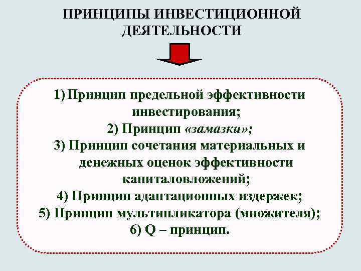 ПРИНЦИПЫ ИНВЕСТИЦИОННОЙ ДЕЯТЕЛЬНОСТИ 1) Принцип предельной эффективности инвестирования; 2) Принцип «замазки» ; 3) Принцип