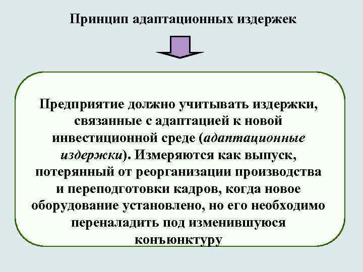 Принцип адаптационных издержек Предприятие должно учитывать издержки, связанные с адаптацией к новой инвестиционной среде
