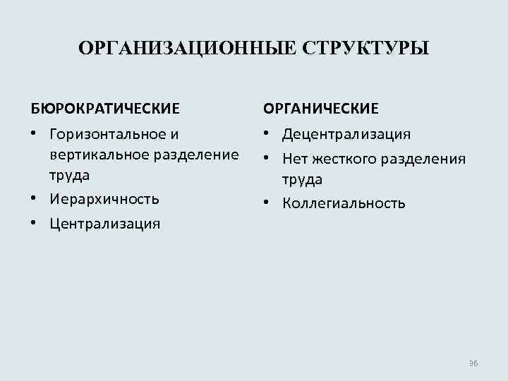 ОРГАНИЗАЦИОННЫЕ СТРУКТУРЫ БЮРОКРАТИЧЕСКИЕ ОРГАНИЧЕСКИЕ • Горизонтальное и вертикальное разделение труда • Иерархичность • Централизация