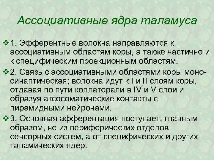 Ассоциативные ядра таламуса v 1. Эфферентные волокна направляются к ассоциативным областям коры, а также