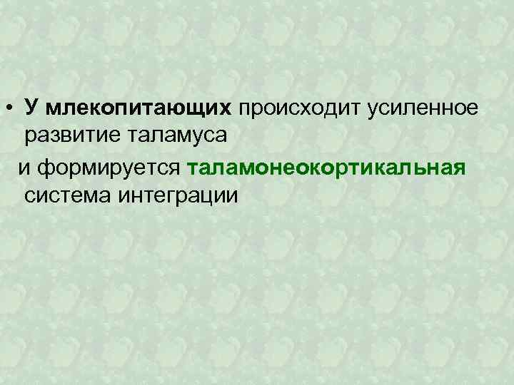  • У млекопитающих происходит усиленное развитие таламуса и формируется таламонеокортикальная система интеграции 