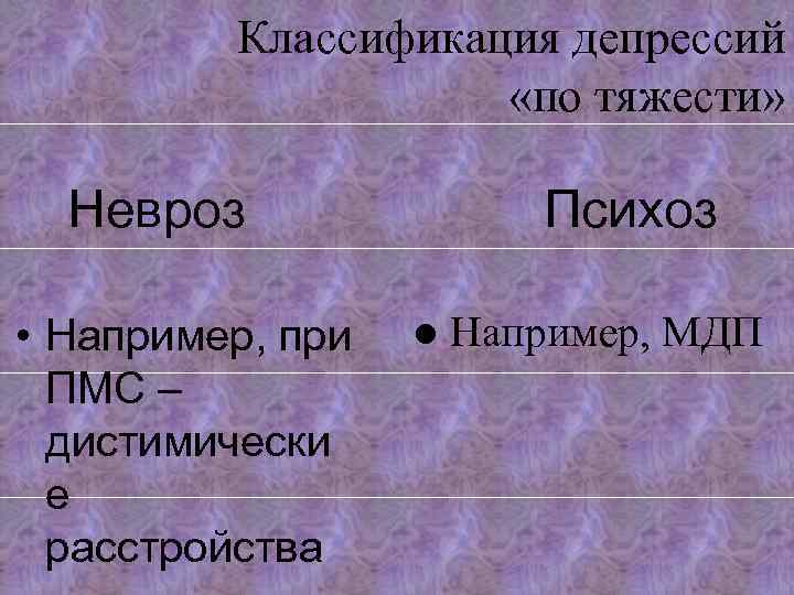 Классификация депрессий «по тяжести» Невроз • Например, при ПМС – дистимически е расстройства Психоз