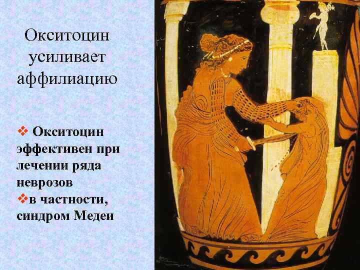 Окситоцин усиливает аффилиацию v Окситоцин эффективен при лечении ряда неврозов vв частности, синдром Медеи