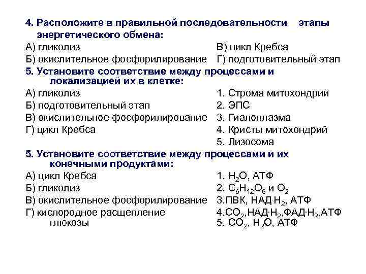 4. Расположите в правильной последовательности этапы энергетического обмена: А) гликолиз В) цикл Кребса Б)