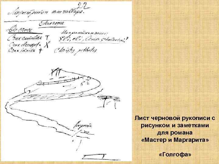 Лист черновой рукописи с рисунком и заметками для романа «Мастер и Маргарита» «Голгофа» 