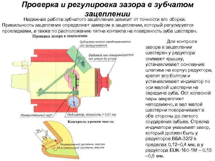 Проверка и регулировка зазора в зубчатом зацеплении Надежная работа зубчатого зацепления зависит от точности