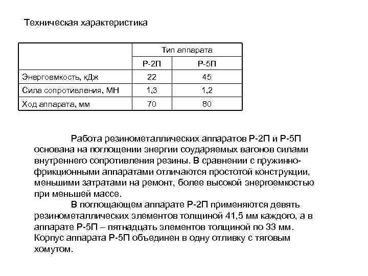 Техническая характеристика Тип аппарата Р-2 П Р-5 П Энергоемкость, к. Дж 22 45 Сила