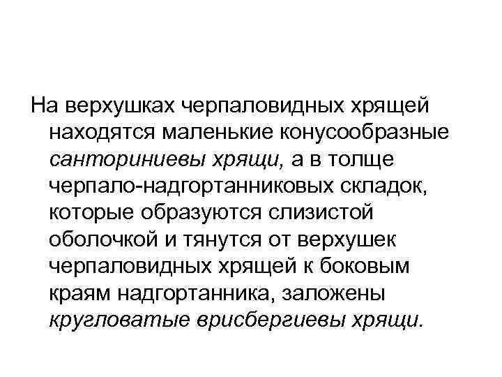 На верхушках черпаловидных хрящей находятся маленькие конусообразные санториниевы хрящи, а в толще черпало-надгортанниковых складок,