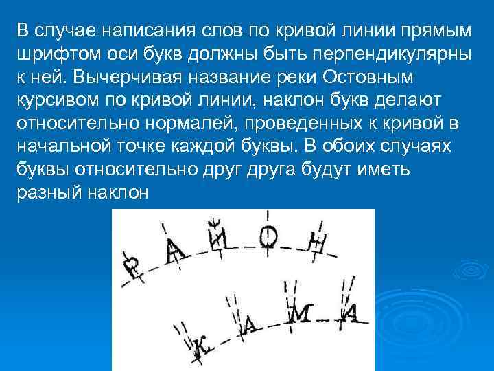 В случае написания слов по кривой линии прямым шрифтом оси букв должны быть перпендикулярны