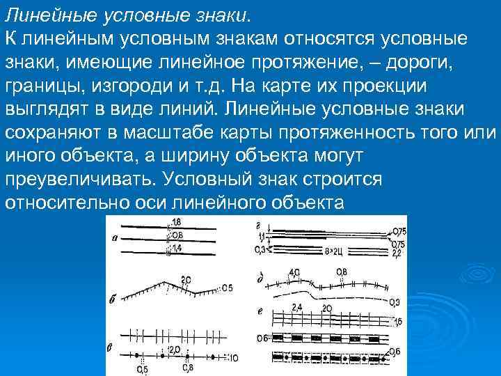 Линейные условные знаки. К линейным условным знакам относятся условные знаки, имеющие линейное протяжение, –