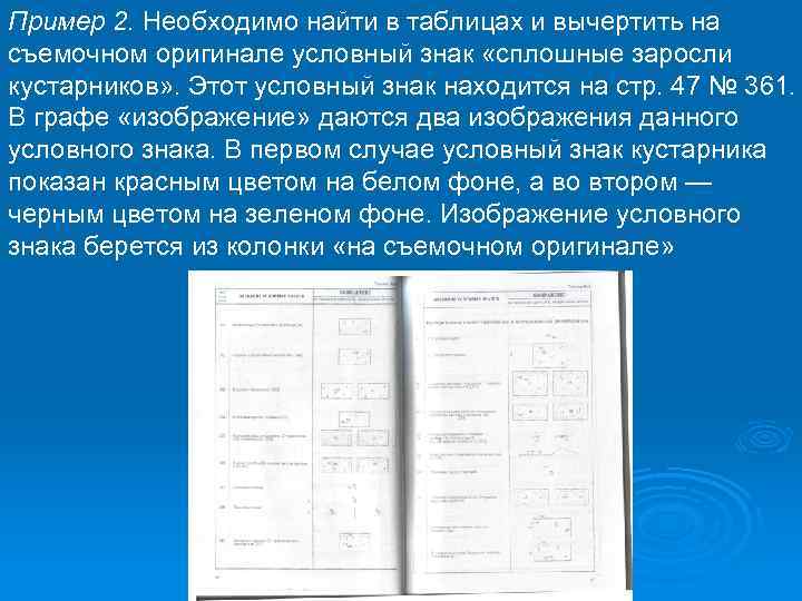 Пример 2. Необходимо найти в таблицах и вычертить на съемочном оригинале условный знак «сплошные