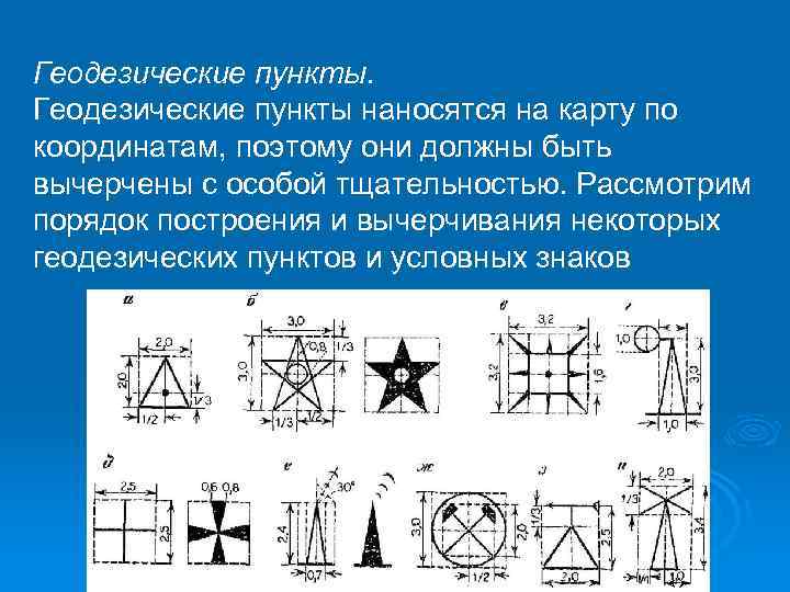 Геодезические пункты наносятся на карту по координатам, поэтому они должны быть вычерчены с особой