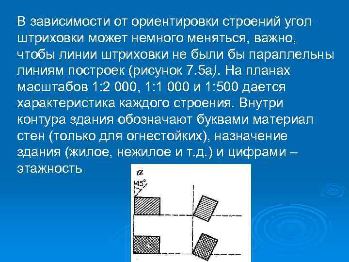 В зависимости от ориентировки строений угол штриховки может немного меняться, важно, чтобы линии штриховки