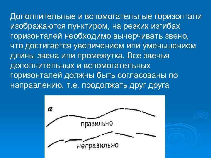 Дополнительные и вспомогательные горизонтали изображаются пунктиром, на резких изгибах горизонталей необходимо вычерчивать звено, что