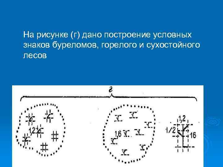 На рисунке (г) дано построение условных знаков буреломов, горелого и сухостойного лесов 