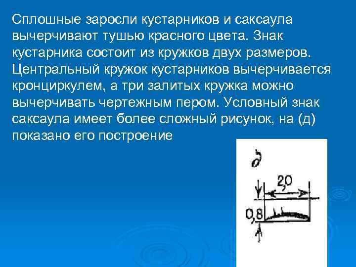 Сплошные заросли кустарников и саксаула вычерчивают тушью красного цвета. Знак кустарника состоит из кружков