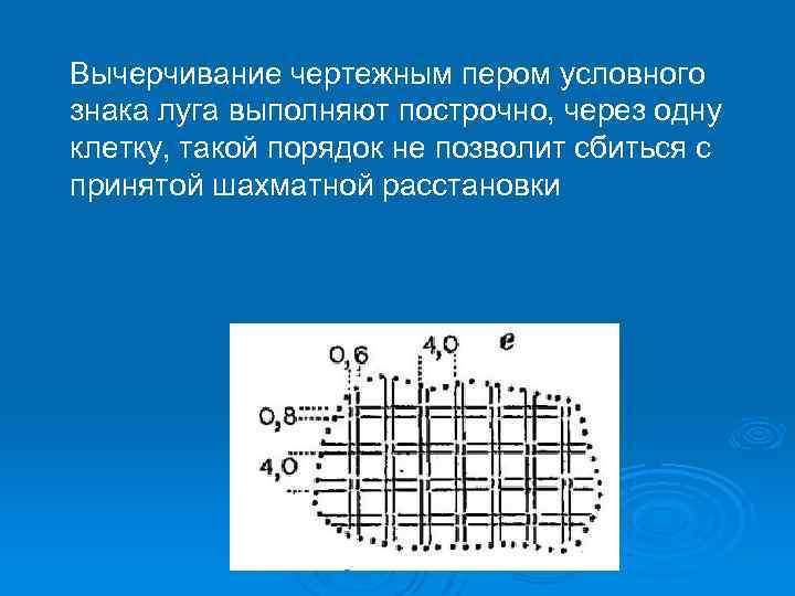 Вычерчивание чертежным пером условного знака луга выполняют построчно, через одну клетку, такой порядок не