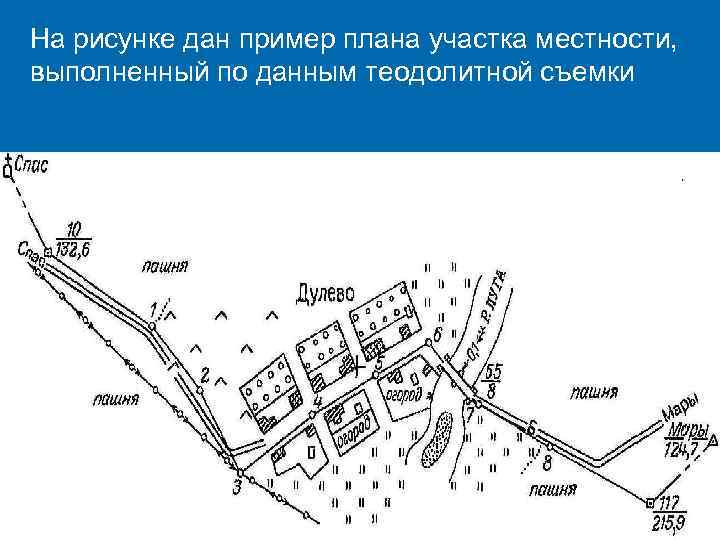 На рисунке дан пример плана участка местности, выполненный по данным теодолитной съемки 