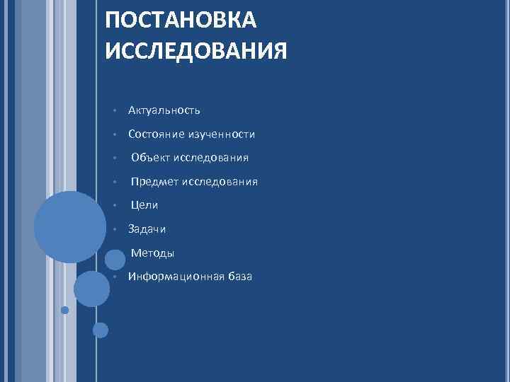 ПОСТАНОВКА ИССЛЕДОВАНИЯ • Актуальность • Состояние изученности • Объект исследования • Предмет исследования •