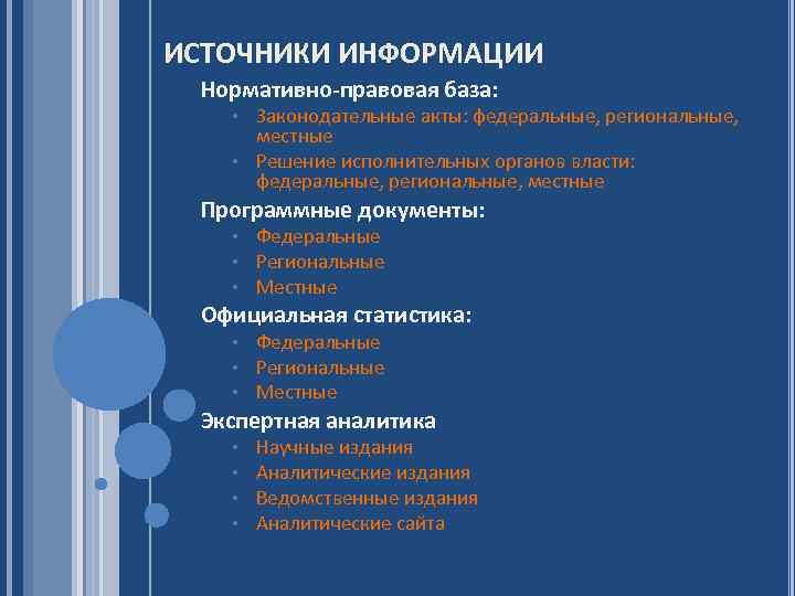 ИСТОЧНИКИ ИНФОРМАЦИИ Нормативно-правовая база: Законодательные акты: федеральные, региональные, местные • Решение исполнительных органов власти: