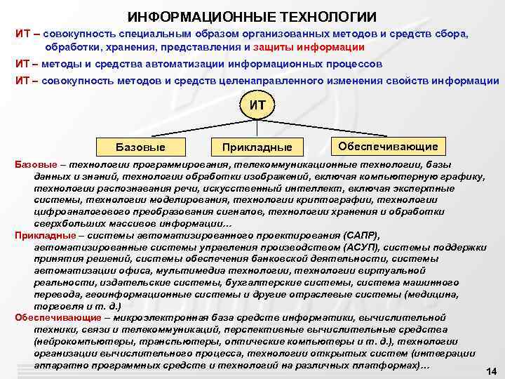 ИНФОРМАЦИОННЫЕ ТЕХНОЛОГИИ ИТ – совокупность специальным образом организованных методов и средств сбора, обработки, хранения,
