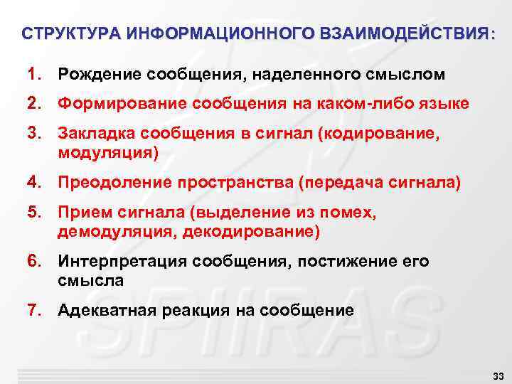 СТРУКТУРА ИНФОРМАЦИОННОГО ВЗАИМОДЕЙСТВИЯ: 1. Рождение сообщения, наделенного смыслом 2. Формирование сообщения на каком-либо языке