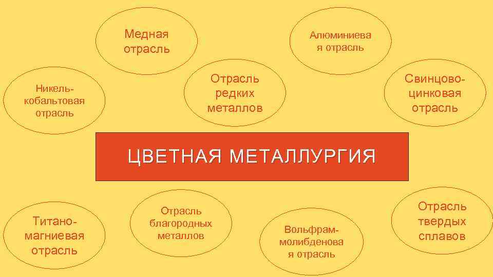 Медная отрасль Никелькобальтовая отрасль Алюминиева я отрасль Отрасль редких металлов Свинцовоцинковая отрасль ЦВЕТНАЯ МЕТАЛЛУРГИЯ