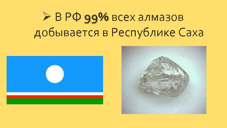 Ø В РФ 99% всех алмазов добывается в Республике Саха 