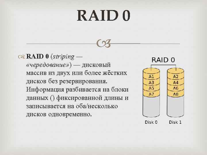 RAID 0 (striping — «чередование» ) — дисковый массив из двух или более жёстких