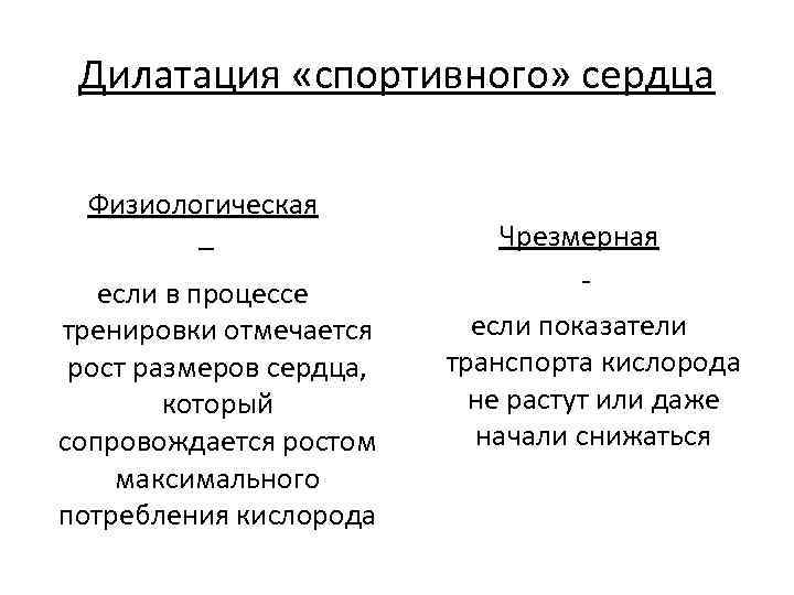 Дилатация «спортивного» сердца Физиологическая – если в процессе тренировки отмечается рост размеров сердца, который