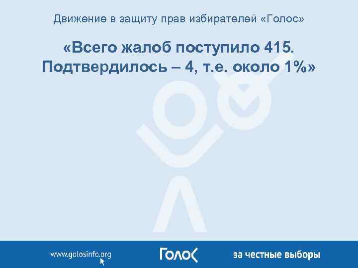 Движение в защиту прав избирателей «Голос» «Всего жалоб поступило 415. Подтвердилось – 4, т.